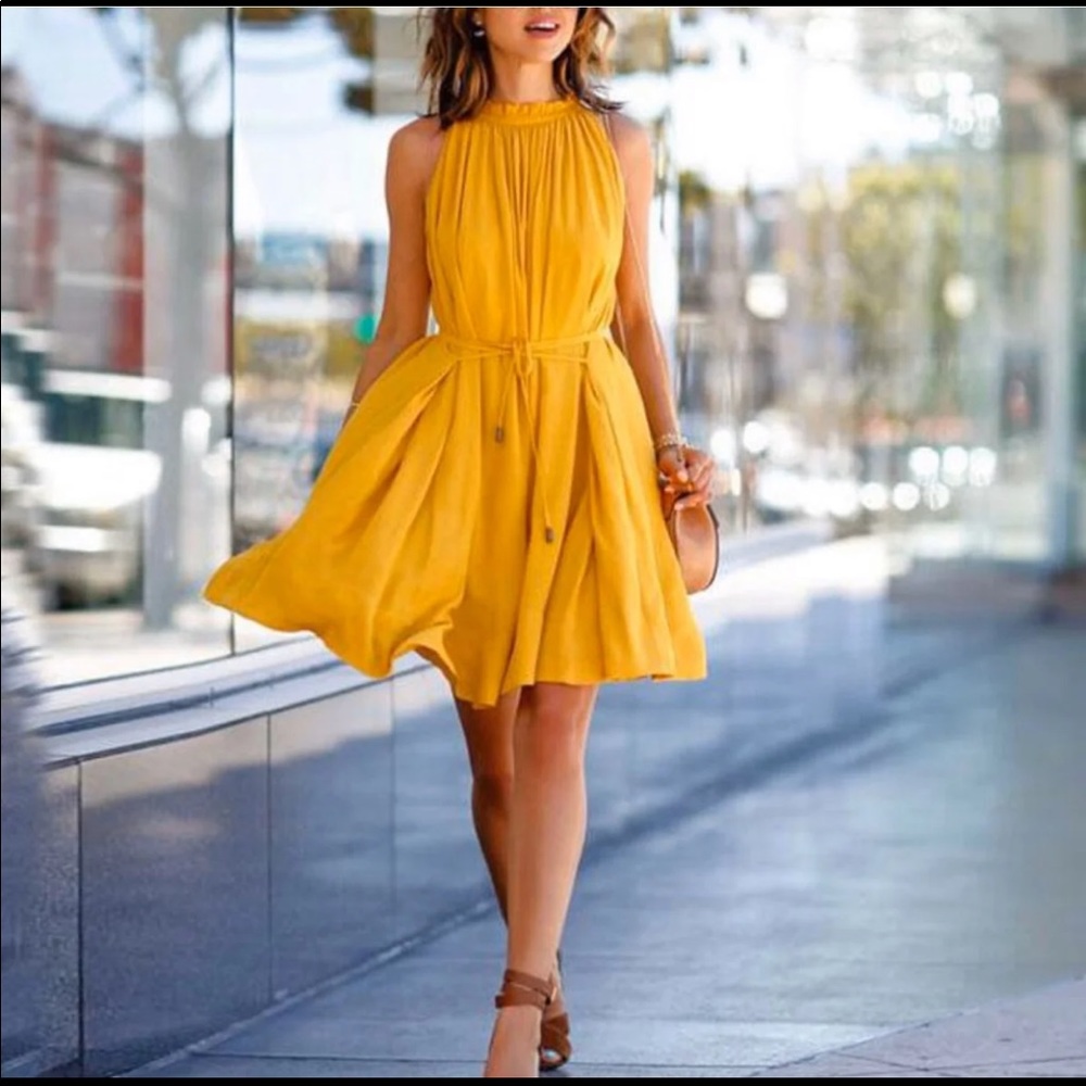 Yellow, flowy, tie-front dress